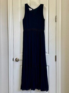 Susie Tompkins long dress navy blue crinkled fabric sleeveless v-neck lined sz 8